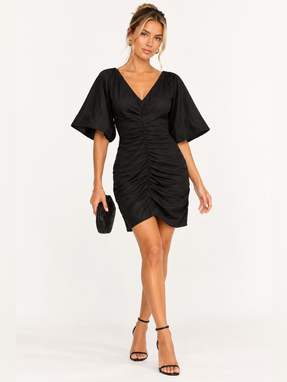 Ganni Black Ruched V-Neck Midi Dress with Wide Sleeves